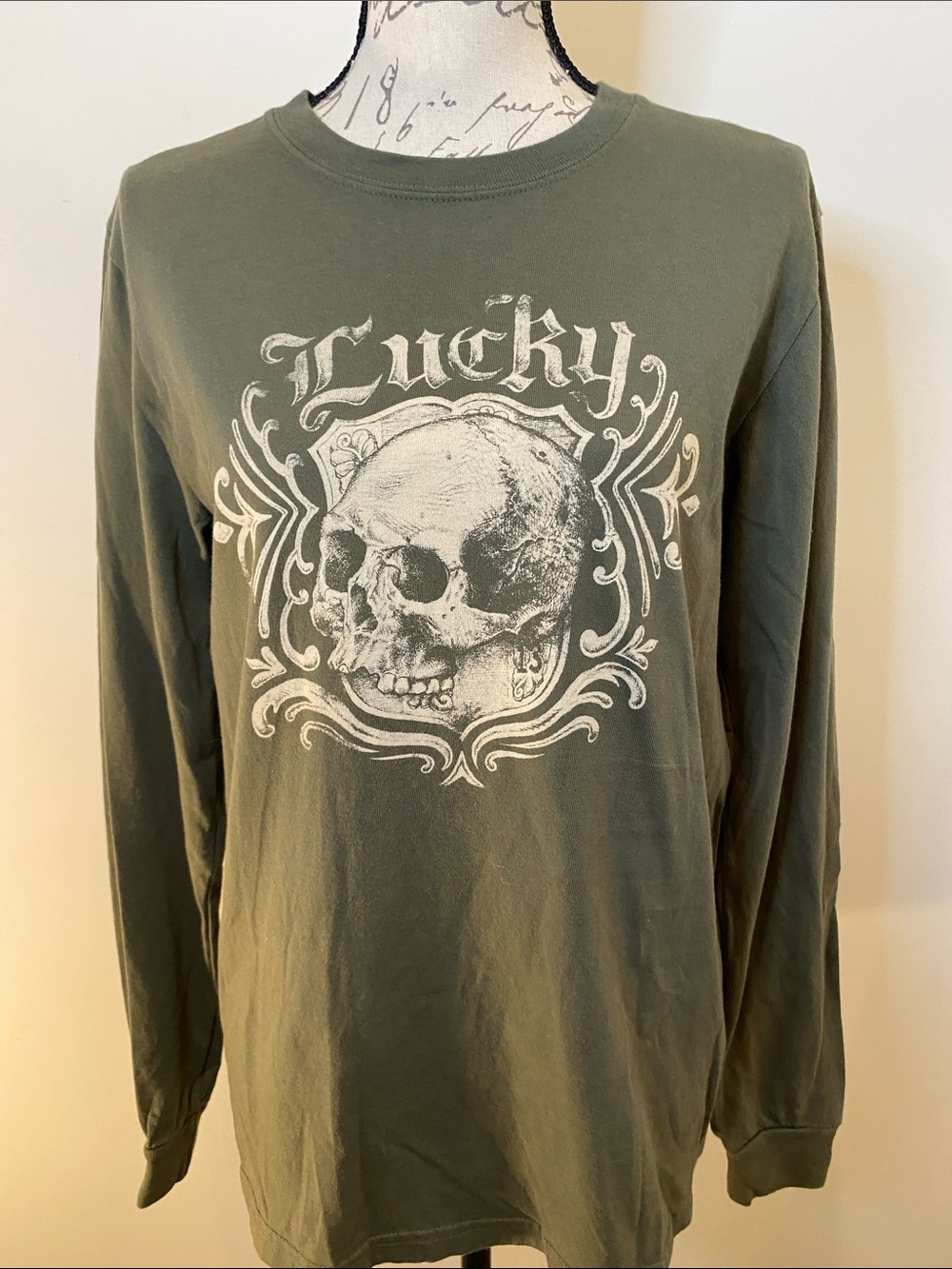 Lucky Brand Olive Green Long-Sleeve Tee with White Skull Graphic